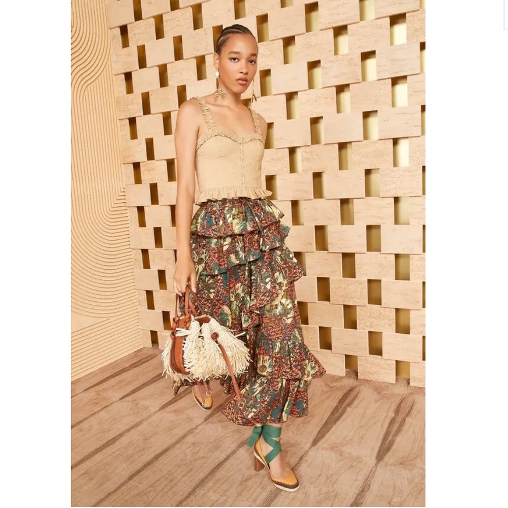 Ulla Johnson Floral Ruffled Midi Skirt in Green and Brown